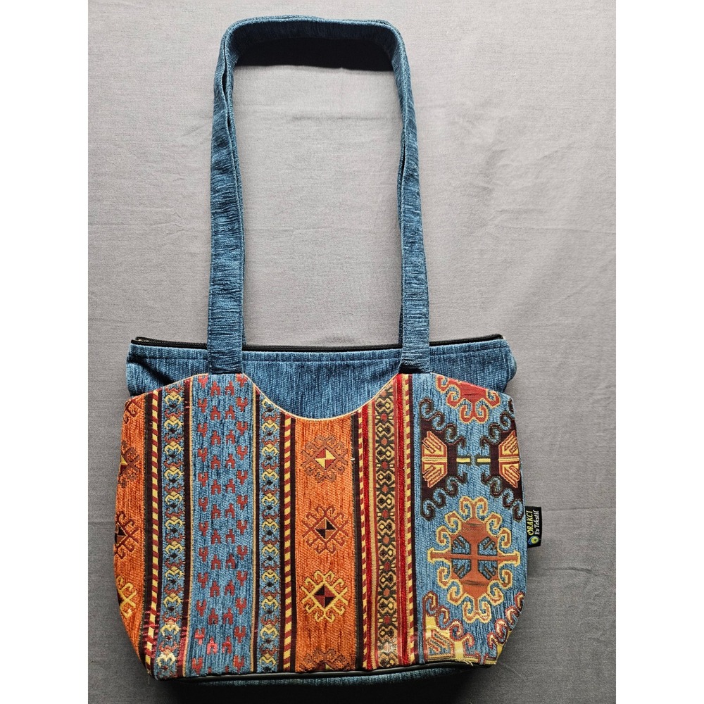 Orakci Ev Tekstil Kilim Tapestry Tote Bag Blue Chenille Made in Turkey Boho